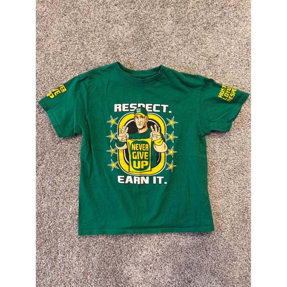 WWE T-Shirt Kids Youth M Green John Cena Never Give Up Respect Earn It Graphic